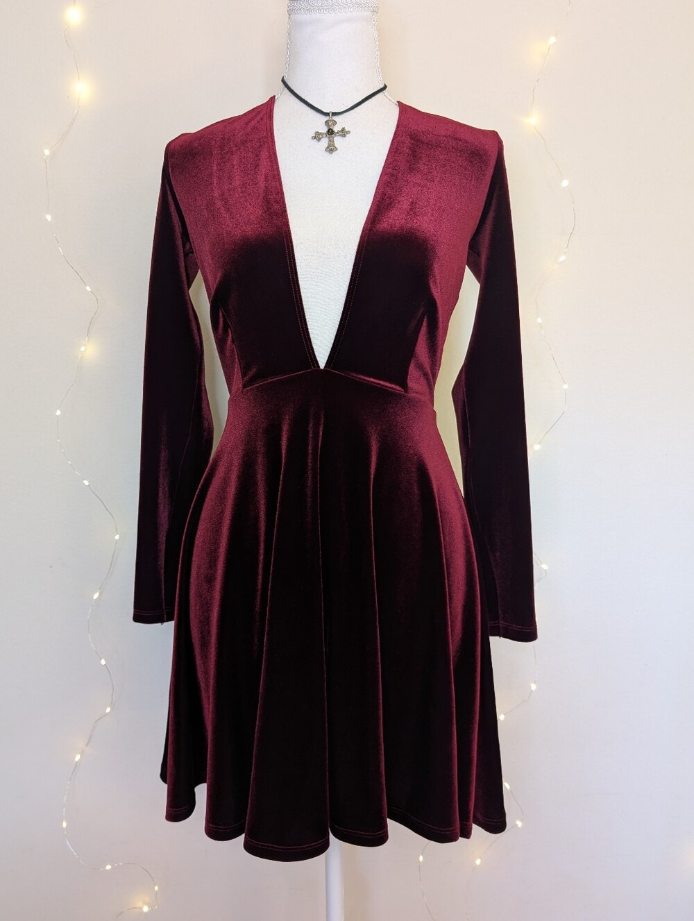 American Apparel Plunge Velvet Skater Dress in Deep Burgundy